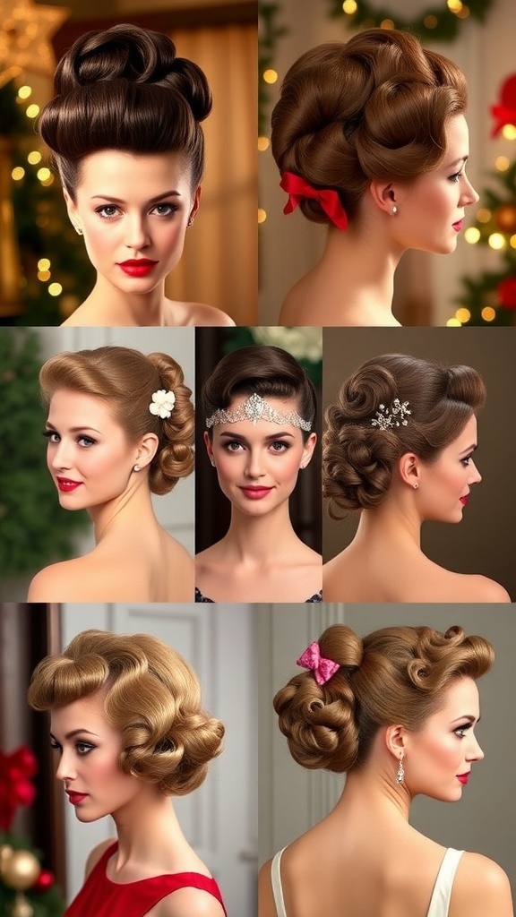 Classic 1950s Christmas Hairstyles A collage of 1950s Christmas hairstyles including beehives and pin-up curls, decorated with festive accessories.